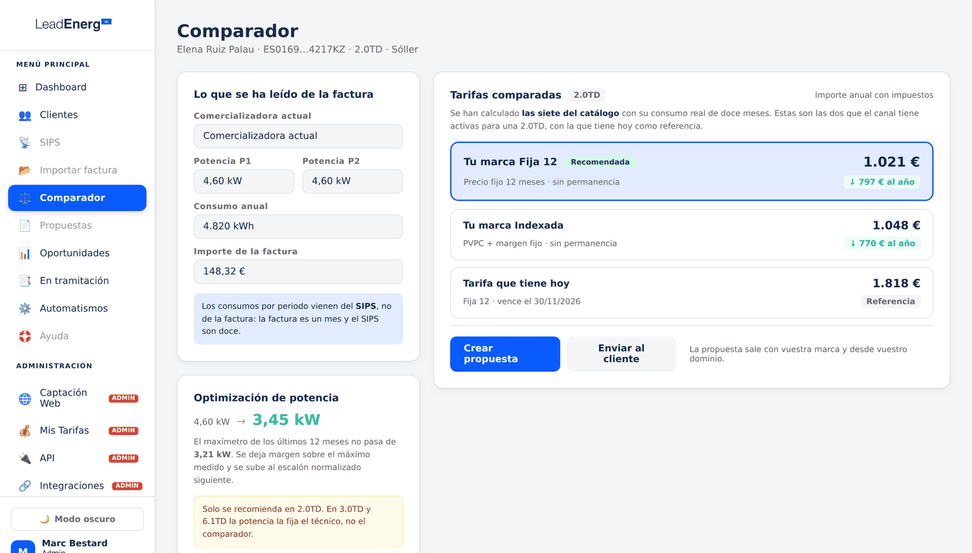 Comparador de tarifas para asesores energéticos: lectura de la factura, optimización de potencia y el catálogo del canal frente a la tarifa actual del cliente